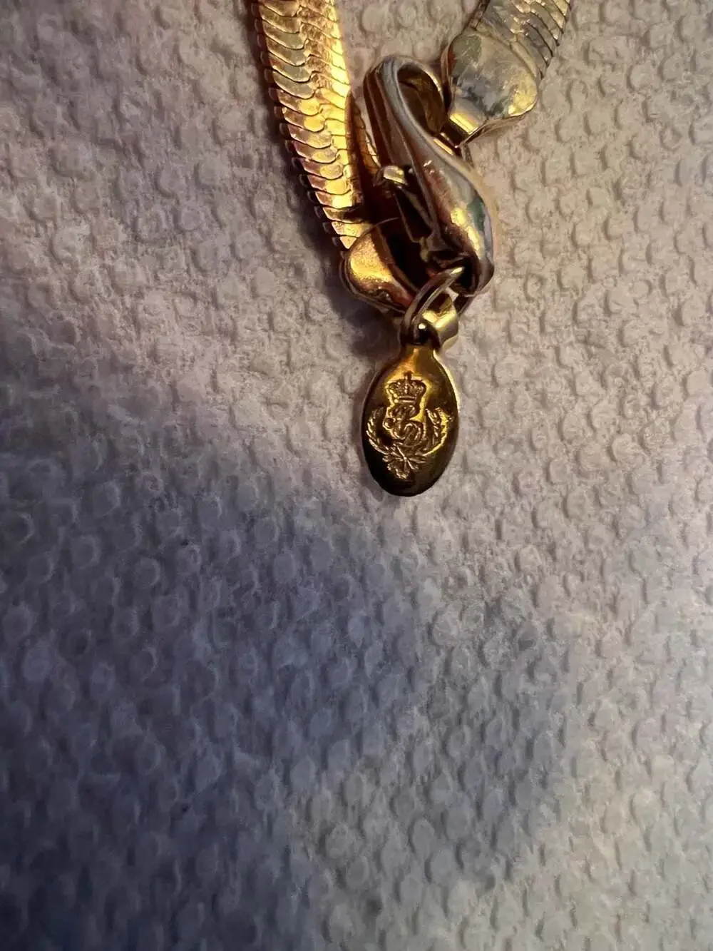Vintage Gold Tone Herringbone Chain Necklace with Crown Logo Tag